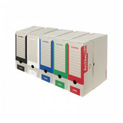 Archive box na formát A4. Vysoká ověřená kvalita zabraňuje praskání. Potisk sítotiskem v barvách červená, zelená, modrá, bílá a černá usnadňuje třídění a orientaci v dokumentech.