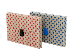 Kufřík na dokumenty z voskované lepenky Luxor je nabízen s potiskem modrým nebo červeným puntíkem. Vyznačuje se snadnou údržbou, dlouhou životností a je vhodným designovým a elegantním doplňkem.