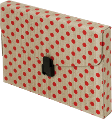 Kufřík na dokumenty z voskované lepenky Luxor je nabízen s potiskem modrým nebo červeným puntíkem. Vyznačuje se snadnou údržbou, dlouhou životností a je vhodným designovým a elegantním doplňkem.